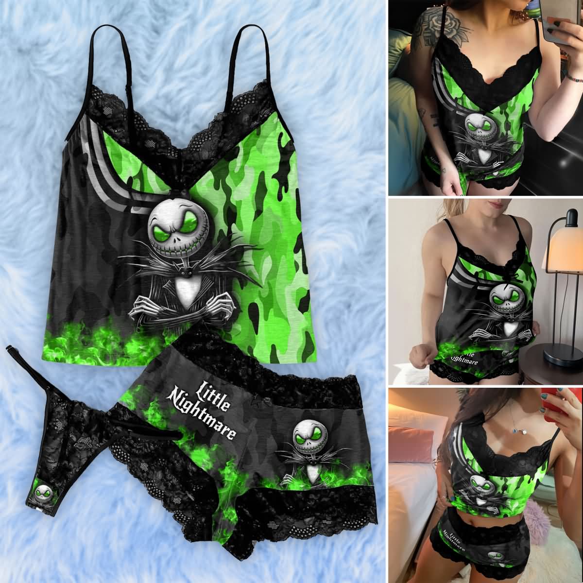 Wonder Skull Vibe Radiant Camo 3 Piece Lace Sleepwear Nightwear Lingerie Set is more than just unique lingerie; it's a way to wear your confidence on the outside. Whether you're spoiling yourself silly because you deserve it or igniting a spark, this set is your new uniform for feeling powerful, sexy, and in control.