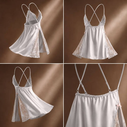 Wonder Skull White Lace Chemise is made from buttery-soft satin that feels amazing against your skin. Lace side panels provide cool airflow for all-night comfort, and the adjustable criss-cross back stays securely in place. A low open back adds a flirty detail, while the flattering A-line silhouette creates a beautiful shape. Sweet pink satin bows add a touch of romantic charm.