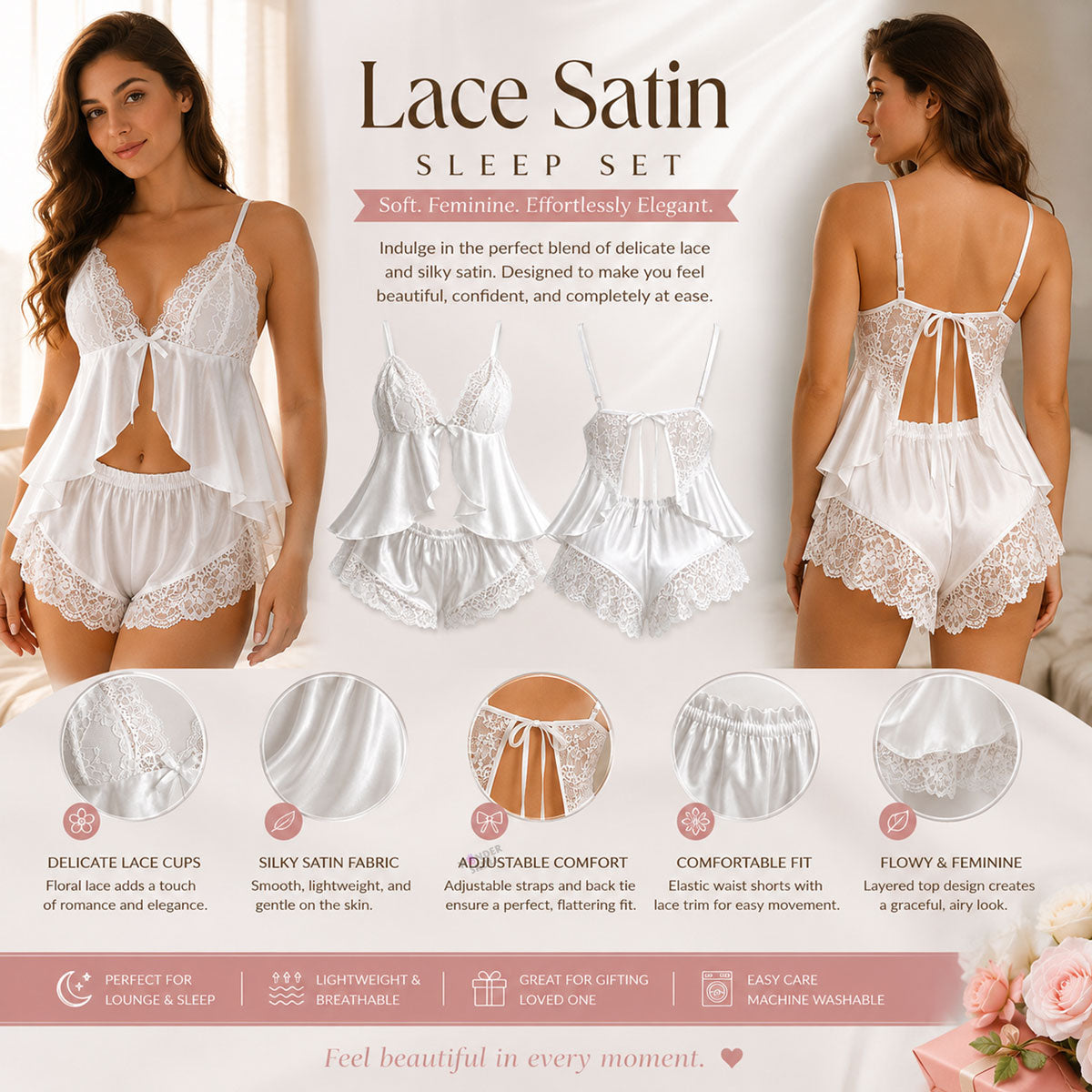 Wonder Skull White Lace Split Front Tie Back 2 Pieces Sleepwear Pajama Cami Shorts Set combines comfort and elegance. The smooth, satin fabric feels cool against the skin, while the delicate floral lace adds a soft, breathable touch. An adjustable tie-back and elastic waistband ensure a perfect, comfortable fit. The flowing, open-front design completes the elegant silhouette.