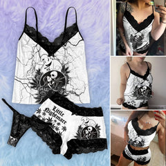 Wonder Skull White Lightning 3-Piece Gothic Sleepwear Set blends edgy design with elegant details. This set includes a white cami adorned with a bold lightning print, Gothic-inspired pajama shorts with stylish lettering, and delicate black lace accents. A coordinating thong completes the look, making it an ideal choice for those who appreciate loungewear that’s equal parts artistic, fashionable, and comfortable.