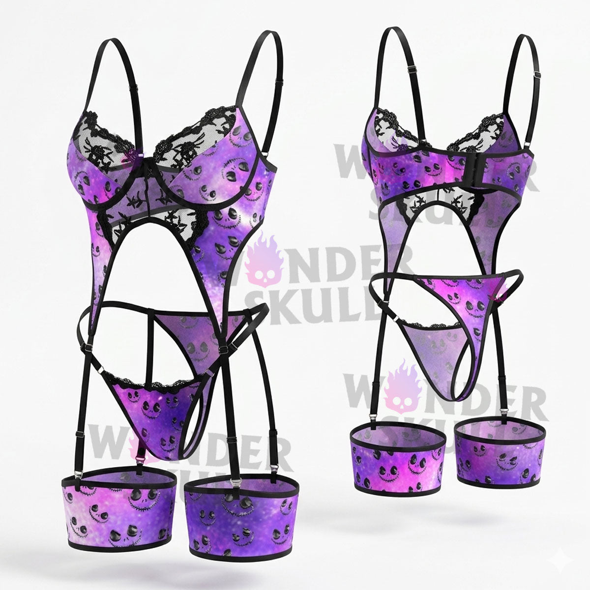 Wonder Skull Wicked Wink Lace Garter Bodysuit combines edgy style with comfort. Featuring a bold skull pattern, shimmering violet color, embroidered cups, and adjustable garters, this curve-flattering lingerie is perfect for lounging or showing off. Add a daring touch to your collection with this stylish, sultry piece.
