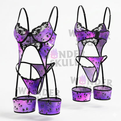 Wonder Skull Wicked Wink Lace Garter Bodysuit combines edgy style with comfort. Featuring a bold skull pattern, shimmering violet color, embroidered cups, and adjustable garters, this curve-flattering lingerie is perfect for lounging or showing off. Add a daring touch to your collection with this stylish, sultry piece.