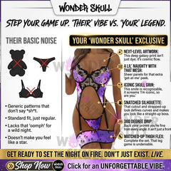 Wonder Skull Wicked Wink Lace Garter Bodysuit combines edgy style with comfort. Featuring a bold skull pattern, shimmering violet color, embroidered cups, and adjustable garters, this curve-flattering lingerie is perfect for lounging or showing off. Add a daring touch to your collection with this stylish, sultry piece.