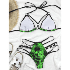 Stand out with Wonder Skull Women's Bikini, Green Skull 2 Piece Micro Swimsuit Set featuring neon skulls, lightning details, and edgy hardware. Designed with adjustable straps and a flexible waistband, it ensures a comfortable, flattering fit for all body types. Perfect for pool parties, beach days, or festivals, this one-of-a-kind bikini combines daring style with all-day confidence.