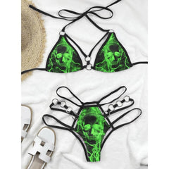 Stand out with Wonder Skull Women's Bikini, Green Skull 2 Piece Micro Swimsuit Set featuring neon skulls, lightning details, and edgy hardware. Designed with adjustable straps and a flexible waistband, it ensures a comfortable, flattering fit for all body types. Perfect for pool parties, beach days, or festivals, this one-of-a-kind bikini combines daring style with all-day confidence.