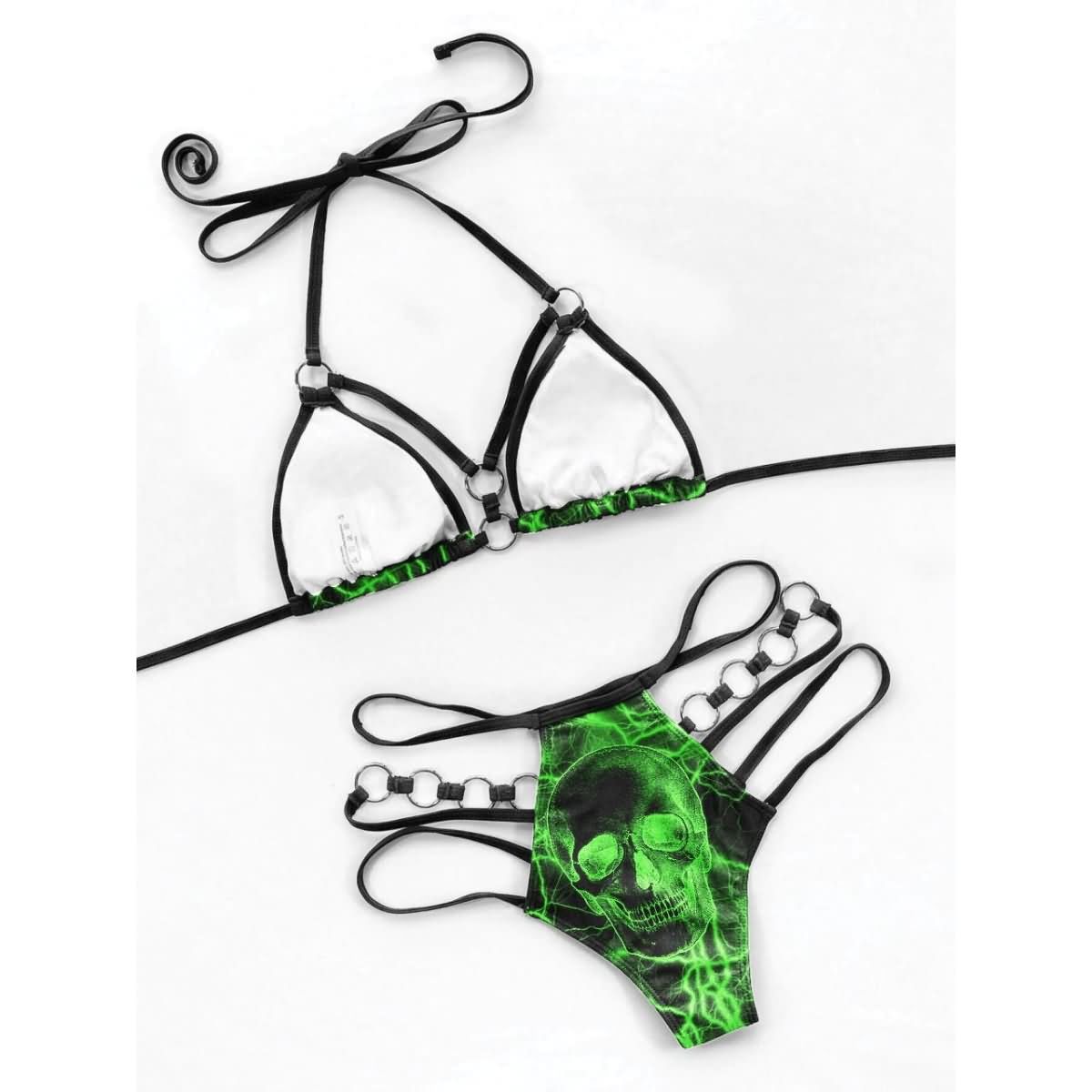 Stand out with Wonder Skull Women's Bikini, Green Skull 2 Piece Micro Swimsuit Set featuring neon skulls, lightning details, and edgy hardware. Designed with adjustable straps and a flexible waistband, it ensures a comfortable, flattering fit for all body types. Perfect for pool parties, beach days, or festivals, this one-of-a-kind bikini combines daring style with all-day confidence.