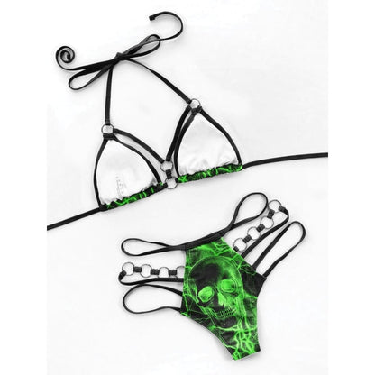 Stand out with Wonder Skull Women's Bikini, Green Skull 2 Piece Micro Swimsuit Set featuring neon skulls, lightning details, and edgy hardware. Designed with adjustable straps and a flexible waistband, it ensures a comfortable, flattering fit for all body types. Perfect for pool parties, beach days, or festivals, this one-of-a-kind bikini combines daring style with all-day confidence.