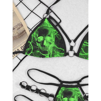 Stand out with Wonder Skull Women's Bikini, Green Skull 2 Piece Micro Swimsuit Set featuring neon skulls, lightning details, and edgy hardware. Designed with adjustable straps and a flexible waistband, it ensures a comfortable, flattering fit for all body types. Perfect for pool parties, beach days, or festivals, this one-of-a-kind bikini combines daring style with all-day confidence.