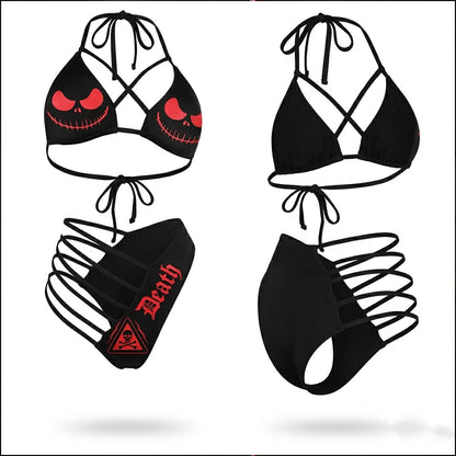 Wonder Skull Women's Bikini, Red Skull Cut Out Micro Swimsuit Set combines comfort and style with a glowing skull print for a unique touch. Made from soft, stretchy fabric with adjustable straps, it ensures all-day comfort. Featuring a flattering cut with strappy details, it’s perfect for relaxing by the pool or beach while showcasing your individuality.
