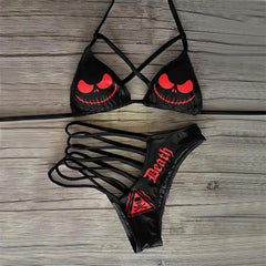 Wonder Skull Women's Bikini, Red Skull Cut Out Micro Swimsuit Set combines comfort and style with a glowing skull print for a unique touch. Made from soft, stretchy fabric with adjustable straps, it ensures all-day comfort. Featuring a flattering cut with strappy details, it’s perfect for relaxing by the pool or beach while showcasing your individuality.