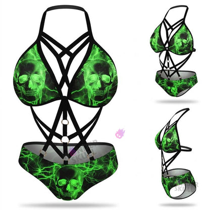 Make a statement with the Wonder Skull Women's Bikini, a bold green skull one-piece featuring lightning accents. Designed with breathable, stretch fabric and adjustable straps, it offers style, comfort, and a secure fit for all-day wear. Perfect for the beach or pool!