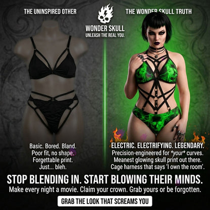 Make a statement with the Wonder Skull Women's Bikini, a bold green skull one-piece featuring lightning accents. Designed with breathable, stretch fabric and adjustable straps, it offers style, comfort, and a secure fit for all-day wear. Perfect for the beach or pool!