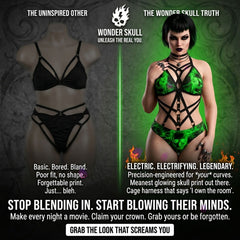 Make a statement with the Wonder Skull Women's Bikini, a bold green skull one-piece featuring lightning accents. Designed with breathable, stretch fabric and adjustable straps, it offers style, comfort, and a secure fit for all-day wear. Perfect for the beach or pool!