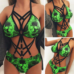 Make a statement with the Wonder Skull Women's Bikini, a bold green skull one-piece featuring lightning accents. Designed with breathable, stretch fabric and adjustable straps, it offers style, comfort, and a secure fit for all-day wear. Perfect for the beach or pool!