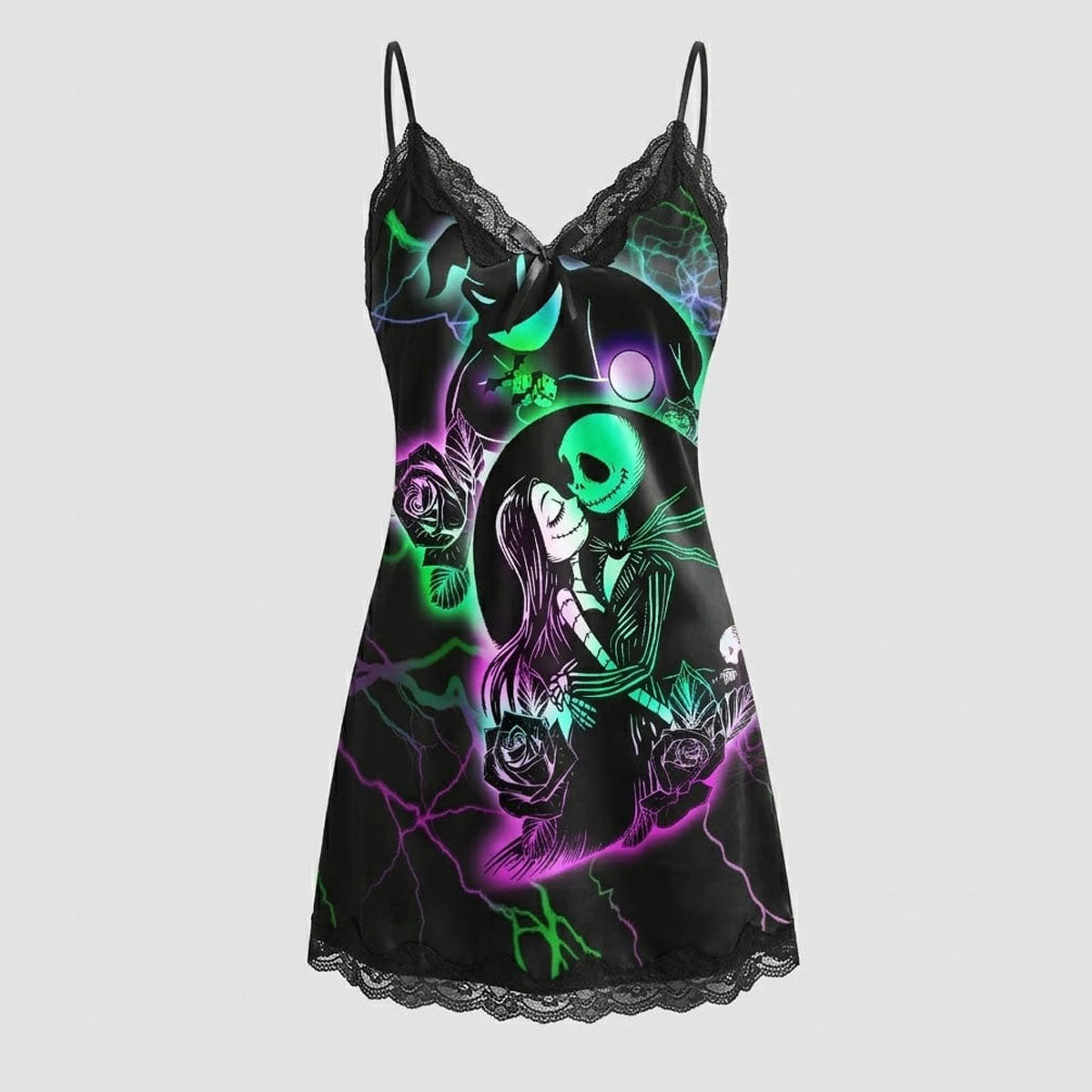 Wonder Skull Women's Black Lace Nightgown. This chic spaghetti strap nightwear babydoll chemise is perfect for special occasions, featuring a unique "Unique Iconic Printing" design that blends mystery and beauty. Delight your loved ones with this exceptional piece, ideal for anniversaries, birthdays, or just because.