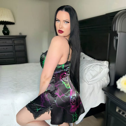 Wonder Skull Women's Black Lace Nightgown. This chic spaghetti strap nightwear babydoll chemise is perfect for special occasions, featuring a unique "Unique Iconic Printing" design that blends mystery and beauty. Delight your loved ones with this exceptional piece, ideal for anniversaries, birthdays, or just because.