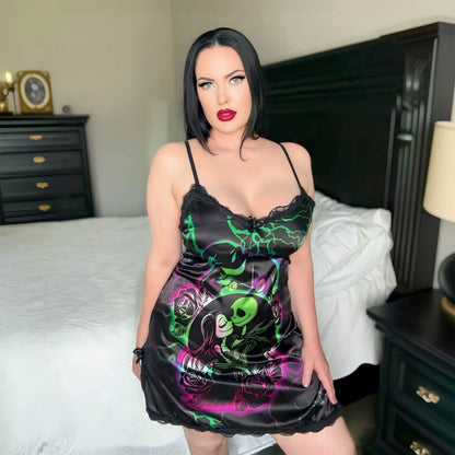 Wonder Skull Women's Black Lace Nightgown. This chic spaghetti strap nightwear babydoll chemise is perfect for special occasions, featuring a unique "Unique Iconic Printing" design that blends mystery and beauty. Delight your loved ones with this exceptional piece, ideal for anniversaries, birthdays, or just because.