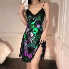 Wonder Skull Women's Black Lace Nightgown. This chic spaghetti strap nightwear babydoll chemise is perfect for special occasions, featuring a unique "Nightmare Before Xmas" design that blends mystery and beauty. Delight your loved ones with this exceptional piece, ideal for anniversaries, birthdays, or just because.