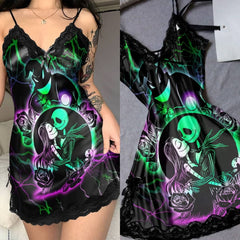 Wonder Skull Women's Black Lace Nightgown. This chic spaghetti strap nightwear babydoll chemise is perfect for special occasions, featuring a unique "Nightmare Before Xmas" design that blends mystery and beauty. Delight your loved ones with this exceptional piece, ideal for anniversaries, birthdays, or just because.