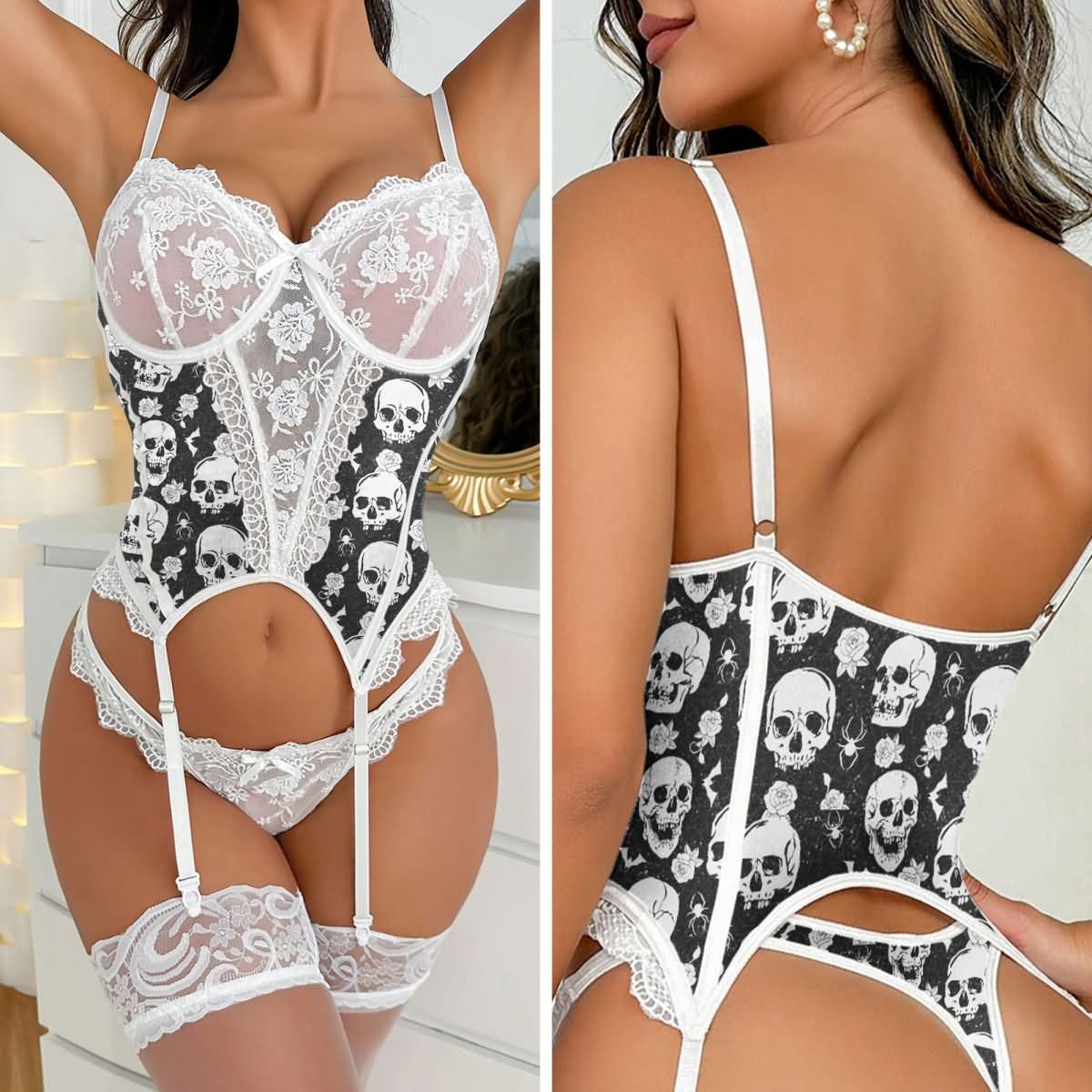 Wonder Skull Women's Garter Lingerie Set, White Lace Teddy Bodysuit Bra Panty Outfit by Wonder Skull. This set features a flattering white lace teddy bodysuit that accentuates natural curves, with detachable garter straps for versatile styling. Made from soft, breathable lace for all-day comfort, it includes a built-in underwire bra for support and lift, creating an elegant and seductive look.