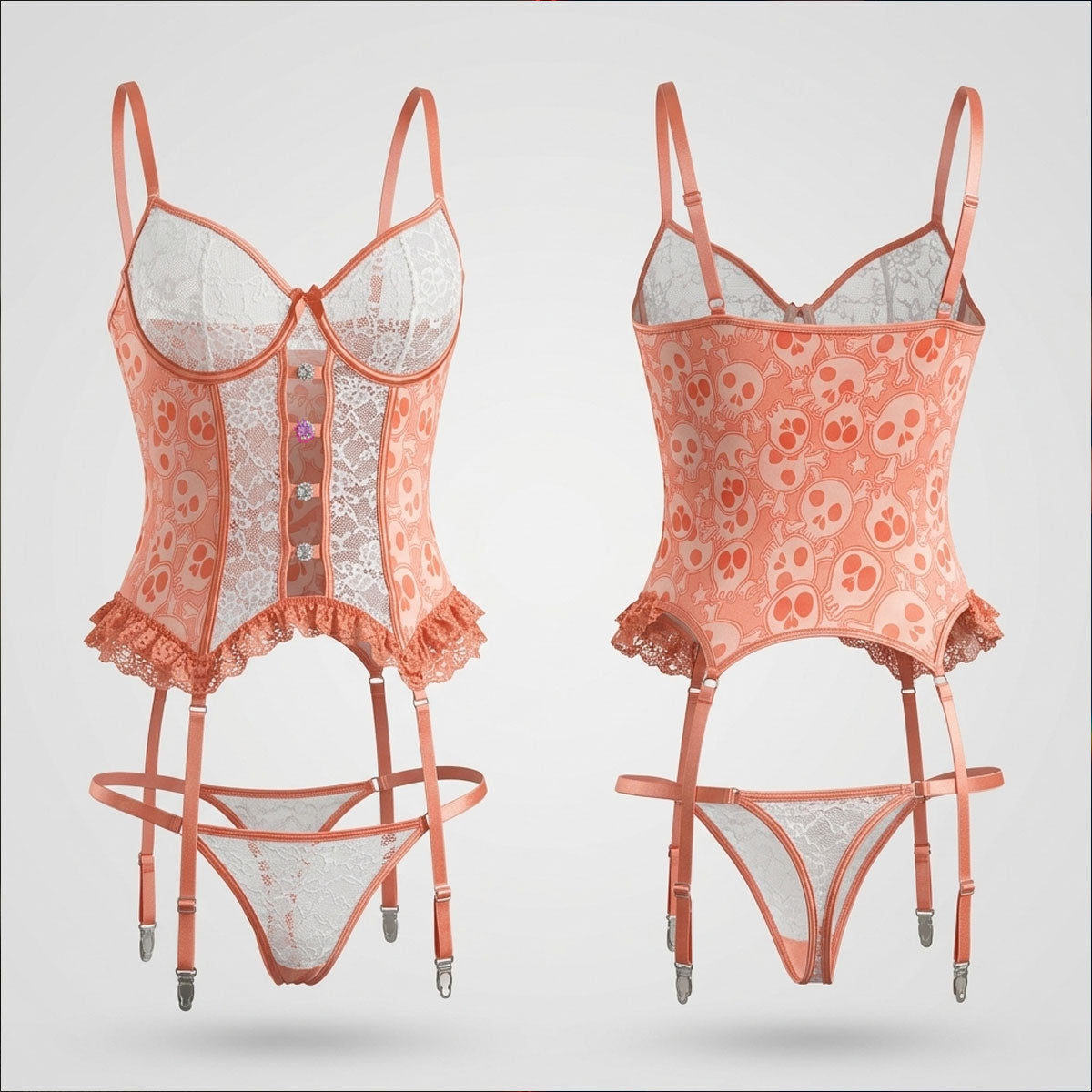  Wonder Skull Women's Lace Lingerie Set. This sultry pink mesh ensemble, featuring a garter bra and thong, offers style, comfort, and confidence for all body types.