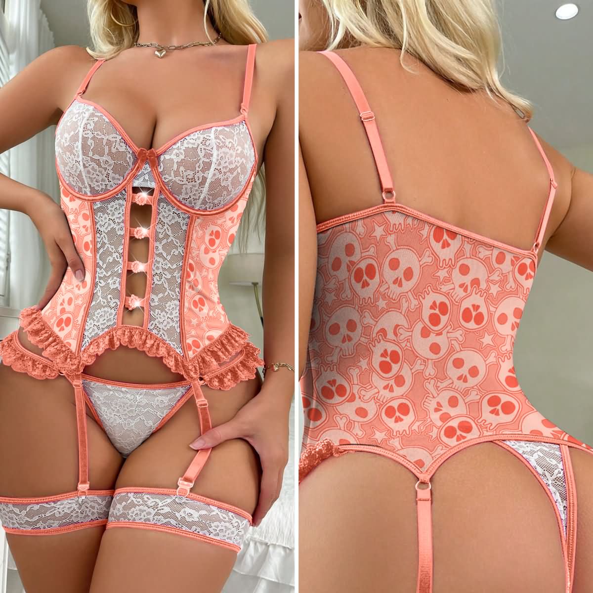  Wonder Skull Women's Lace Lingerie Set. This sultry pink mesh ensemble, featuring a garter bra and thong, offers style, comfort, and confidence for all body types.