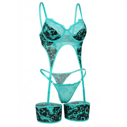 The Wonder Skull Women's Lace Lingerie Set is a turquoise mesh bra and panty bodysuit featuring a bold skull pattern, underwire cups, floral accents, and leg garters. Made from soft cotton and durable polyester, it blends comfort, style, and edginess for a unique lingerie look.