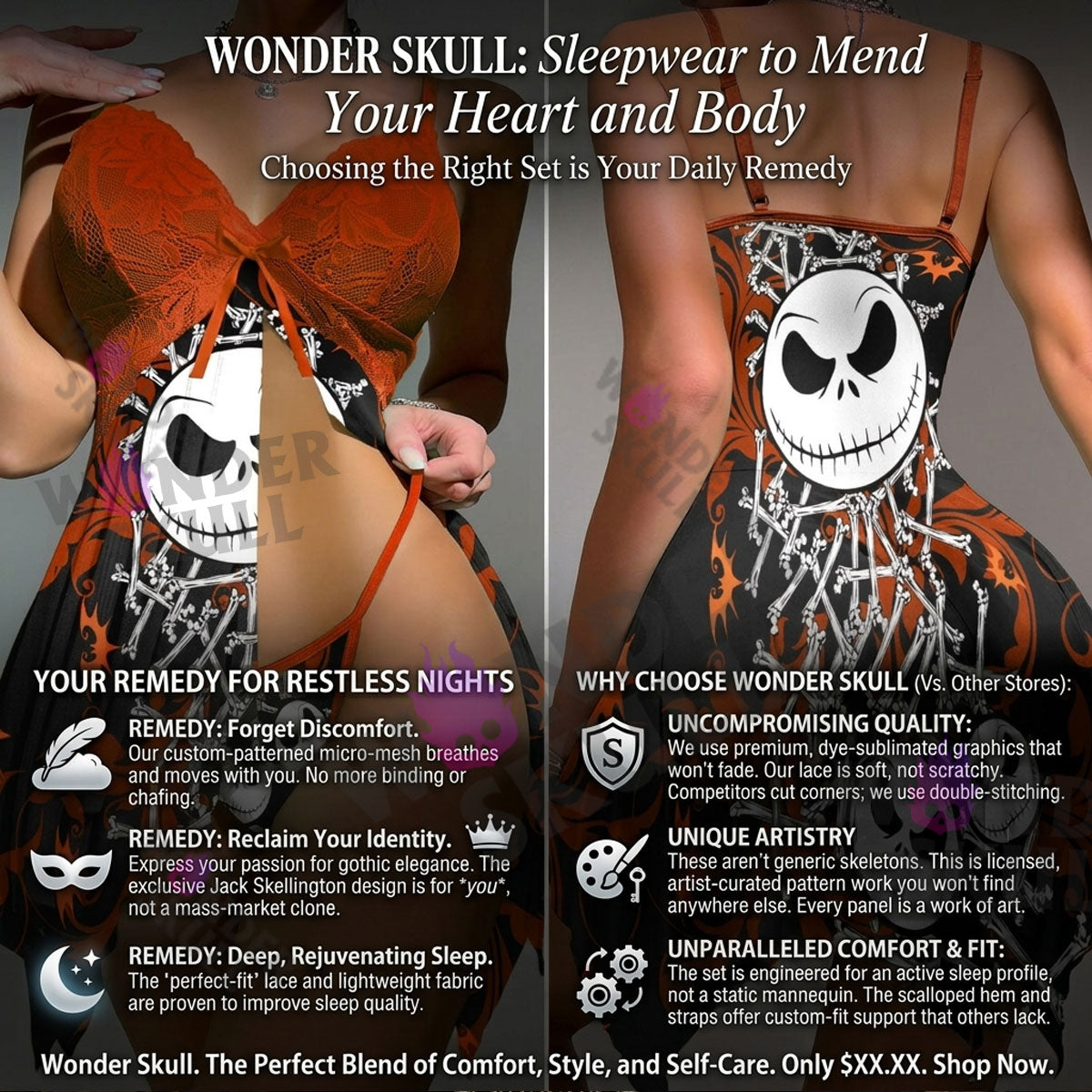 Wonder Skull Women's Lace Nightgown with Adjustable Straps, Mesh Babydoll Chemise featuring a "Unique High Quality Technique" print. This outfit combines lace detailing, a daring low-cut design, and a cheeky bottom. With adjustable ties for a flattering fit, its soft, stretchy material ensures comfort for themed parties or festive events.