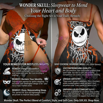 Wonder Skull Women's Lace Nightgown with Adjustable Straps, Mesh Babydoll Chemise featuring a "Unique High Quality Technique" print. This outfit combines lace detailing, a daring low-cut design, and a cheeky bottom. With adjustable ties for a flattering fit, its soft, stretchy material ensures comfort for themed parties or festive events.