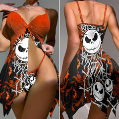 Wonder Skull Women's Lace Nightgown with Adjustable Straps, Mesh Babydoll Chemise featuring a "Unique High Quality Technique" print. This outfit combines lace detailing, a daring low-cut design, and a cheeky bottom. With adjustable ties for a flattering fit, its soft, stretchy material ensures comfort for themed parties or festive events.