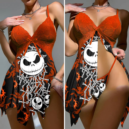 Wonder Skull Women's Lace Nightgown with Adjustable Straps, Mesh Babydoll Chemise featuring a "Unique High Quality Technique" print. This outfit combines lace detailing, a daring low-cut design, and a cheeky bottom. With adjustable ties for a flattering fit, its soft, stretchy material ensures comfort for themed parties or festive events.