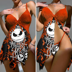 Wonder Skull Women's Lace Nightgown with Adjustable Straps, Mesh Babydoll Chemise featuring a "Nightmare Before Xmas" print. This outfit combines lace detailing, a daring low-cut design, and a cheeky bottom. With adjustable ties for a flattering fit, its soft, stretchy material ensures comfort for themed parties or festive events.