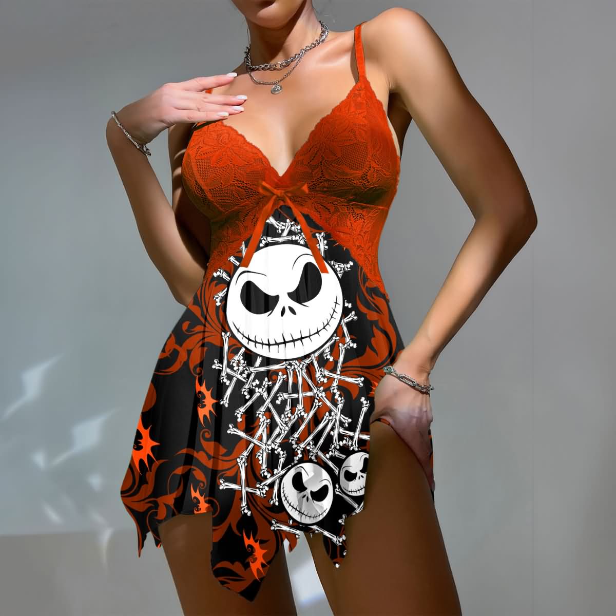 Wonder Skull Women's Lace Nightgown with Adjustable Straps, Mesh Babydoll Chemise featuring a "Unique High Quality Technique" print. This outfit combines lace detailing, a daring low-cut design, and a cheeky bottom. With adjustable ties for a flattering fit, its soft, stretchy material ensures comfort for themed parties or festive events.
