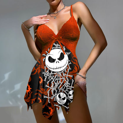 Wonder Skull Women's Lace Nightgown with Adjustable Straps, Mesh Babydoll Chemise featuring a "Unique High Quality Technique" print. This outfit combines lace detailing, a daring low-cut design, and a cheeky bottom. With adjustable ties for a flattering fit, its soft, stretchy material ensures comfort for themed parties or festive events.