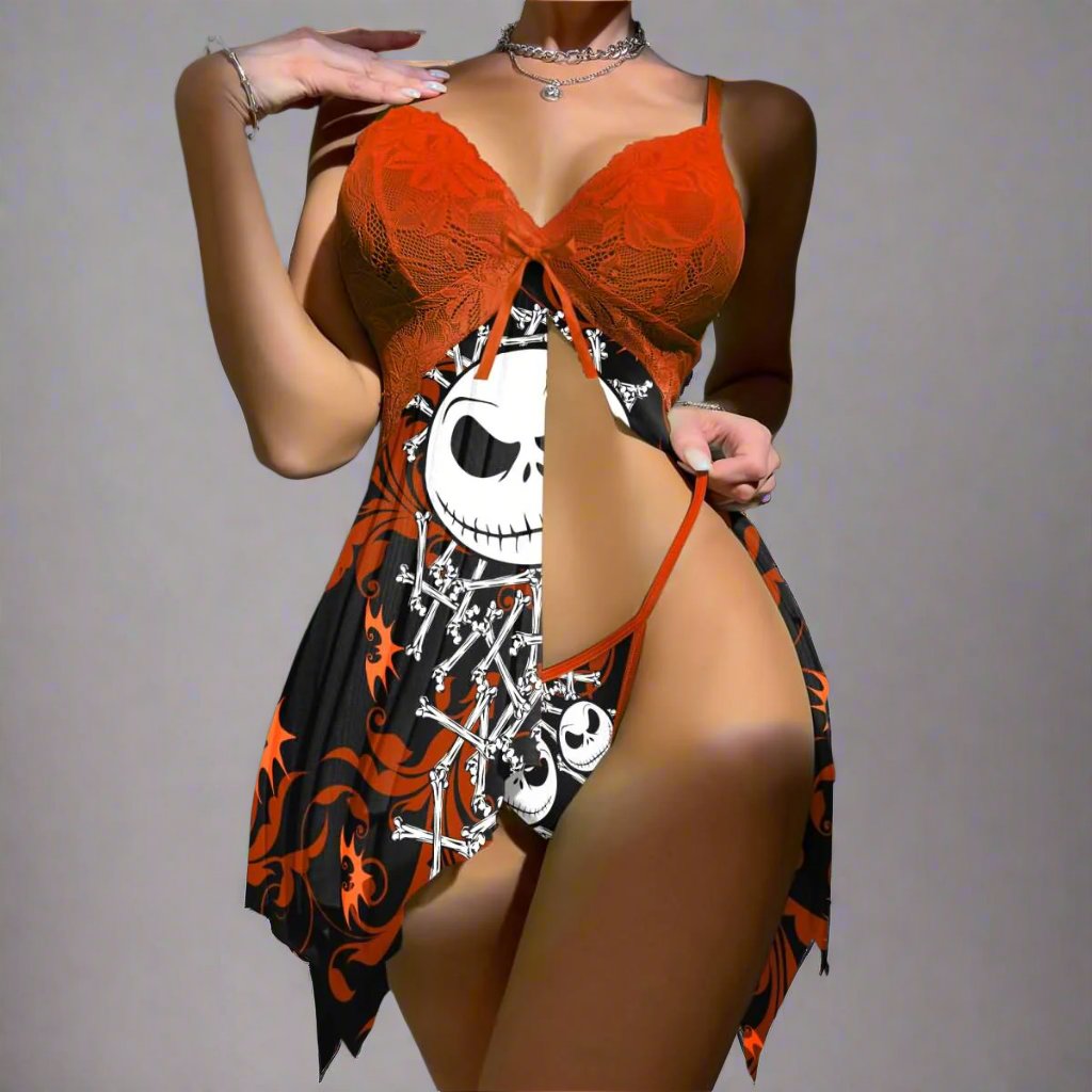 Wonder Skull Women's Lace Nightgown with Adjustable Straps, Mesh Babydoll Chemise featuring a "Nightmare Before Xmas" print. This outfit combines lace detailing, a daring low-cut design, and a cheeky bottom. With adjustable ties for a flattering fit, its soft, stretchy material ensures comfort for themed parties or festive events.