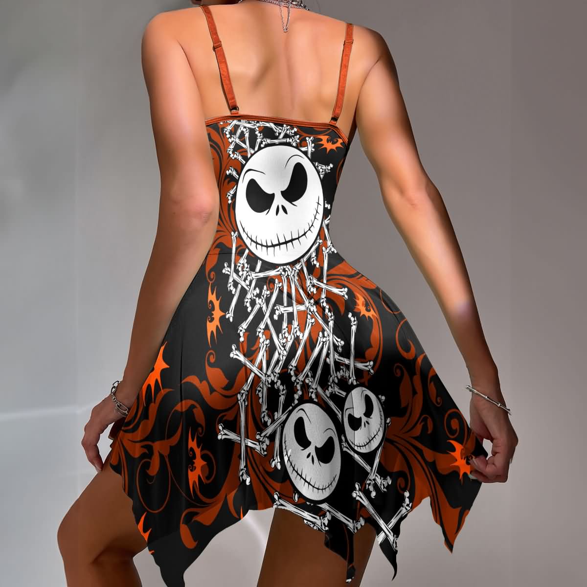 Wonder Skull Women's Lace Nightgown with Adjustable Straps, Mesh Babydoll Chemise featuring a "Nightmare Before Xmas" print. This outfit combines lace detailing, a daring low-cut design, and a cheeky bottom. With adjustable ties for a flattering fit, its soft, stretchy material ensures comfort for themed parties or festive events.