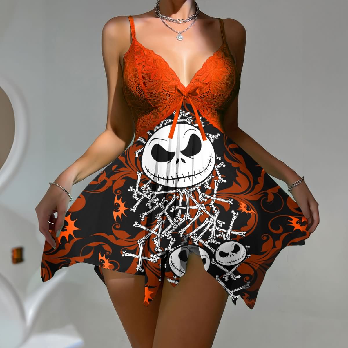 Wonder Skull Women's Lace Nightgown with Adjustable Straps, Mesh Babydoll Chemise featuring a "Unique High Quality Technique" print. This outfit combines lace detailing, a daring low-cut design, and a cheeky bottom. With adjustable ties for a flattering fit, its soft, stretchy material ensures comfort for themed parties or festive events.