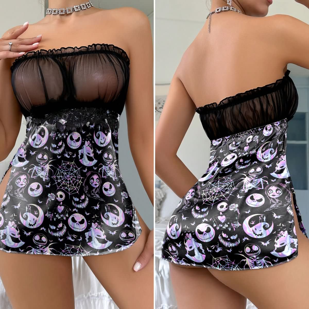 Stay stylish and seductive in our Wonder Skull Women's Lace Nightgown. Featuring an eerie spider and web design, it's perfect for anyone seeking a touch of darkness in their sleepwear. The sheer top adds a layer of allure and mystery, while the snug bodice and flaring skirt flatter all shapes. Made from durable materials, this nightdress ensures you look fab night after night.