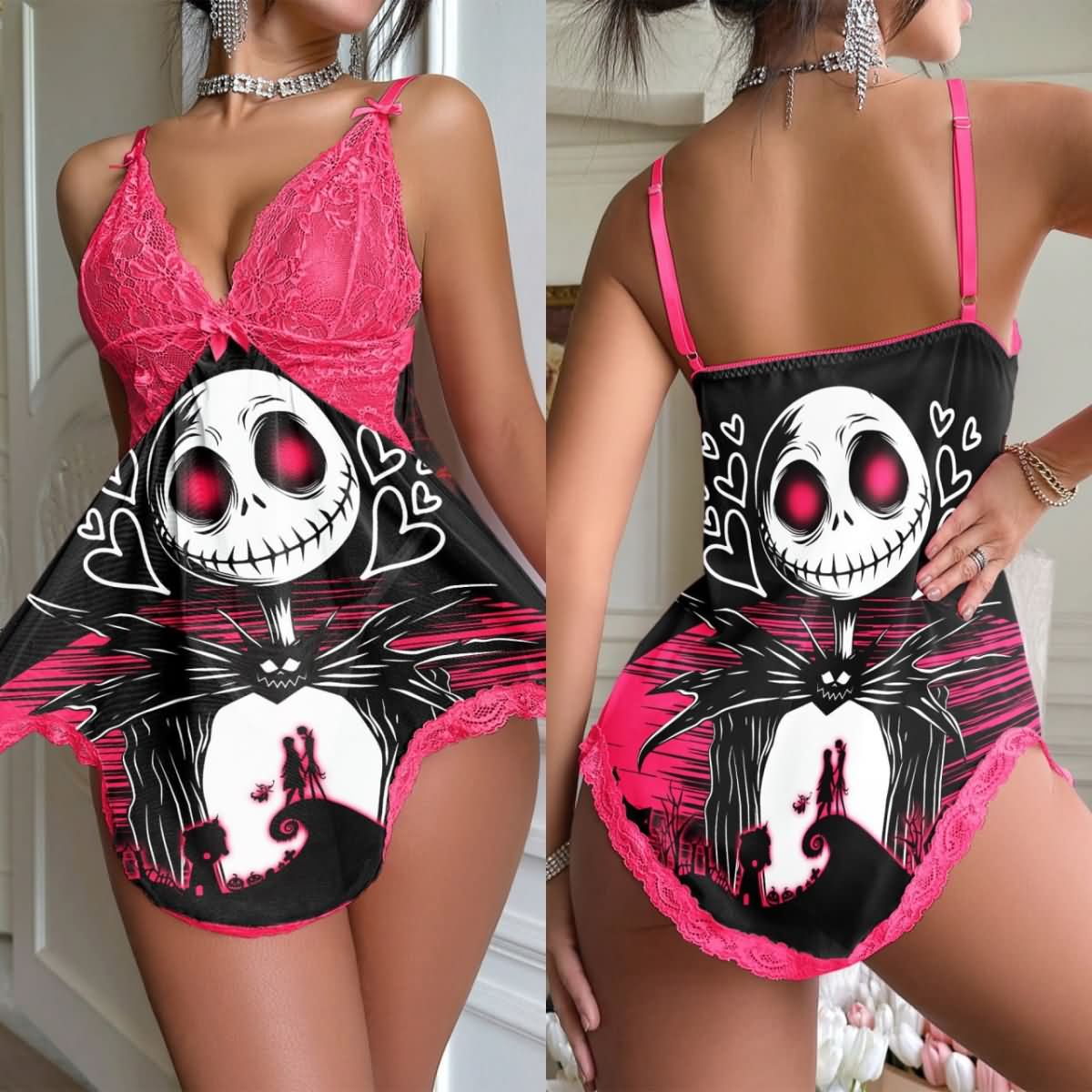 Wonder Skull Women's Lace Nightgown featuring bold skull prints, luxurious pink lace, adjustable straps, and a flattering asymmetrical cut, perfect for adding gothic glamour to your sleepwear collection.