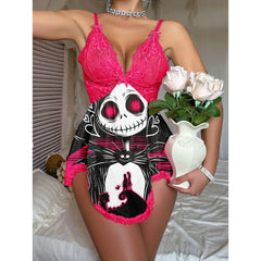 Wonder Skull Women's Lace Nightgown featuring bold skull prints, luxurious pink lace, adjustable straps, and a flattering asymmetrical cut, perfect for adding gothic glamour to your sleepwear collection.