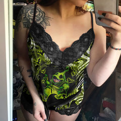 Wonder Skull Women's Lace Pajama Set is expertly designed to conform to your body's shape, providing a flawless fit with every wear. Crafted with stretchy and flattering materials, it embraces all body types, ensuring a silhouette that looks great on anyone. Wake up feeling refreshed and self-assured in this standout 3-piece outfit, featuring the Nightmare Boo Unique Print that combines trendy colors with retro vibes for a unique addition to your sleepwear collection.