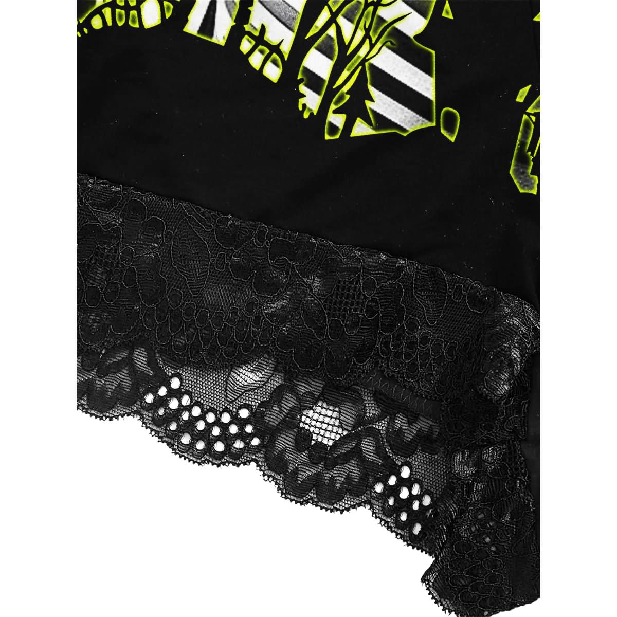 Wonder Skull Women's Lace Pajama Set is expertly designed to conform to your body's shape, providing a flawless fit with every wear. Crafted with stretchy and flattering materials, it embraces all body types, ensuring a silhouette that looks great on anyone. Wake up feeling refreshed and self-assured in this standout 3-piece outfit, featuring the Nightmare Boo Unique Print that combines trendy colors with retro vibes for a unique addition to your sleepwear collection.