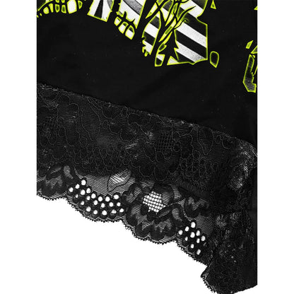 Wonder Skull Women's Lace Pajama Set is expertly designed to conform to your body's shape, providing a flawless fit with every wear. Crafted with stretchy and flattering materials, it embraces all body types, ensuring a silhouette that looks great on anyone. Wake up feeling refreshed and self-assured in this standout 3-piece outfit, featuring the Nightmare Boo Unique Print that combines trendy colors with retro vibes for a unique addition to your sleepwear collection.