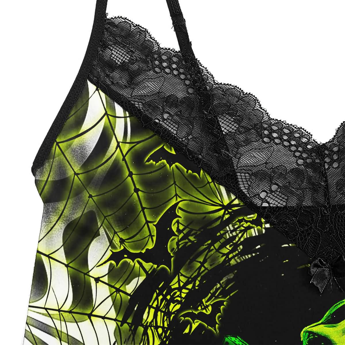 Wonder Skull Women's Lace Pajama Set is expertly designed to conform to your body's shape, providing a flawless fit with every wear. Crafted with stretchy and flattering materials, it embraces all body types, ensuring a silhouette that looks great on anyone. Wake up feeling refreshed and self-assured in this standout 3-piece outfit, featuring the Nightmare Boo Unique Print that combines trendy colors with retro vibes for a unique addition to your sleepwear collection.