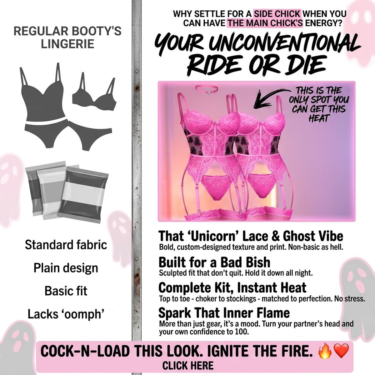 Wonder Skull Women's Lace Pink Lingerie Set, a tantalizing ensemble featuring the Hot Chic Boo Mesh Choke Sock Bodysuit for a captivating date night look. The charming pink Boo Pattern is a playful touch to enchant your special someone with a "BOO." Tailored to enhance your silhouette, this women's lingerie bodysuit offers utmost comfort in its soft, stretchy fabric. Intricate strappy details elevate the allure and sophistication, making it a must-have for those seeking fashion-forward intimate apparel that