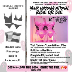 Wonder Skull Women's Lace Pink Lingerie Set, a tantalizing ensemble featuring the Hot Chic Boo Mesh Choke Sock Bodysuit for a captivating date night look. The charming pink Boo Pattern is a playful touch to enchant your special someone with a "BOO." Tailored to enhance your silhouette, this women's lingerie bodysuit offers utmost comfort in its soft, stretchy fabric. Intricate strappy details elevate the allure and sophistication, making it a must-have for those seeking fashion-forward intimate apparel that