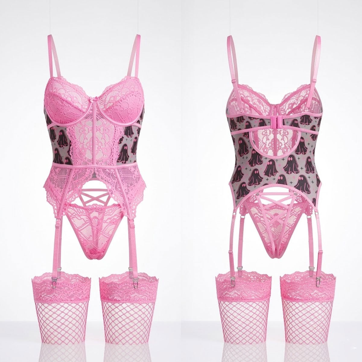 Wonder Skull Women's Lace Pink Lingerie Set, a tantalizing ensemble featuring the Hot Chic Boo Mesh Choke Sock Bodysuit for a captivating date night look. The charming pink Boo Pattern is a playful touch to enchant your special someone with a "BOO." Tailored to enhance your silhouette, this women's lingerie bodysuit offers utmost comfort in its soft, stretchy fabric. Intricate strappy details elevate the allure and sophistication, making it a must-have for those seeking fashion-forward intimate apparel that