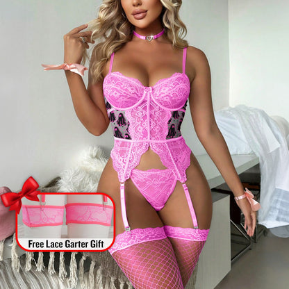 Wonder Skull Women's Lace Pink Lingerie Set, a tantalizing ensemble featuring the Hot Chic Boo Mesh Choke Sock Bodysuit for a captivating date night look. The charming pink Boo Pattern is a playful touch to enchant your special someone with a "BOO." Tailored to enhance your silhouette, this women's lingerie bodysuit offers utmost comfort in its soft, stretchy fabric. Intricate strappy details elevate the allure and sophistication, making it a must-have for those seeking fashion-forward intimate apparel that