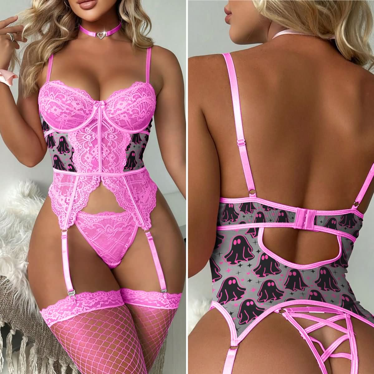 Wonder Skull Women's Lace Pink Lingerie Set, a tantalizing ensemble featuring the Hot Chic Boo Mesh Choke Sock Bodysuit for a captivating date night look. The charming pink Boo Pattern is a playful touch to enchant your special someone with a "BOO." Tailored to enhance your silhouette, this women's lingerie bodysuit offers utmost comfort in its soft, stretchy fabric. Intricate strappy details elevate the allure and sophistication, making it a must-have for those seeking fashion-forward intimate apparel that