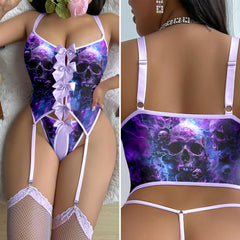 Wonder Skull Lingerie Set in vivid purple galaxy prints and enchanting lace details. Delicate bows and lace trims add a hint of whimsy, while smooth and supple fabrics hug your curves for a celestial experience day or night. With adjustable straps and a flexible fit for all body types, this lingerie set is perfect for those who dare to dream wild. Illuminate your after-dark adventures with glowing skull patterns and indulge in a touch of mystery. Transform your dreams into reality with this seductive linger